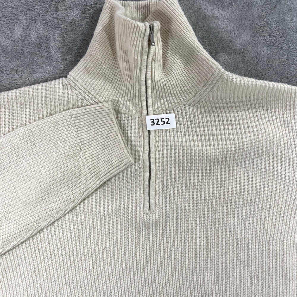 H&M Quarter Zip Sweater Mens XXL Cream 100% Wool Ribbed Knit Regular Fit